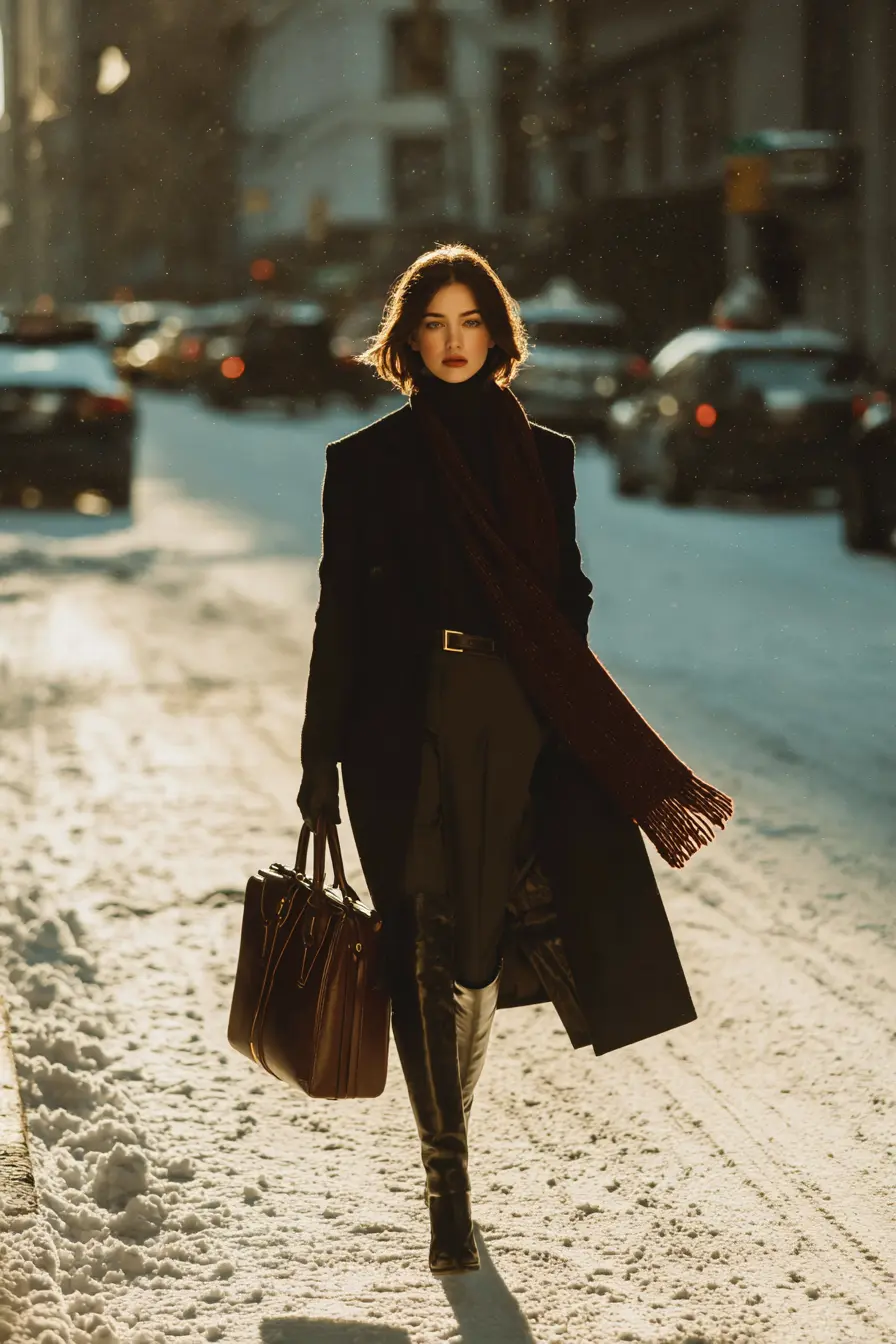 woman styled in complete winter essentials outfit coat boots scarf walking confidently