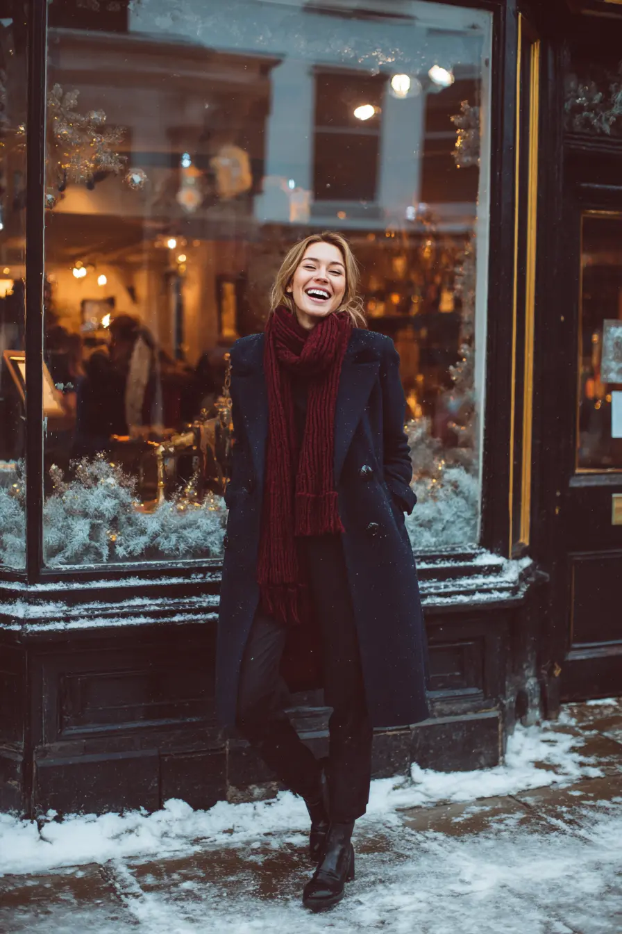 woman confidently styled in winter essentials coat scarf boots winter street style