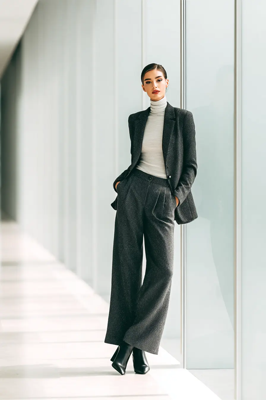 winter work outfit tailored charcoal blazer over fine knit turtleneck and wide-leg trousers