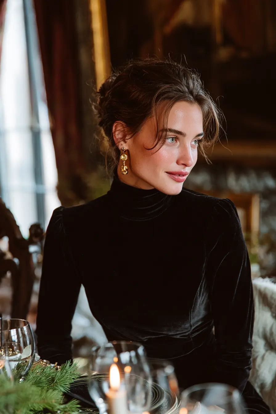 all-black christmas party outfit turtleneck velvet skirt gold earrings candlelit dinner