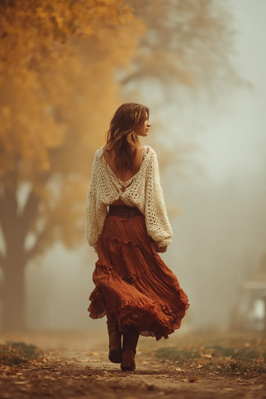 boho fall outfit with flowy maxi skirt cream knit and knee-high boots