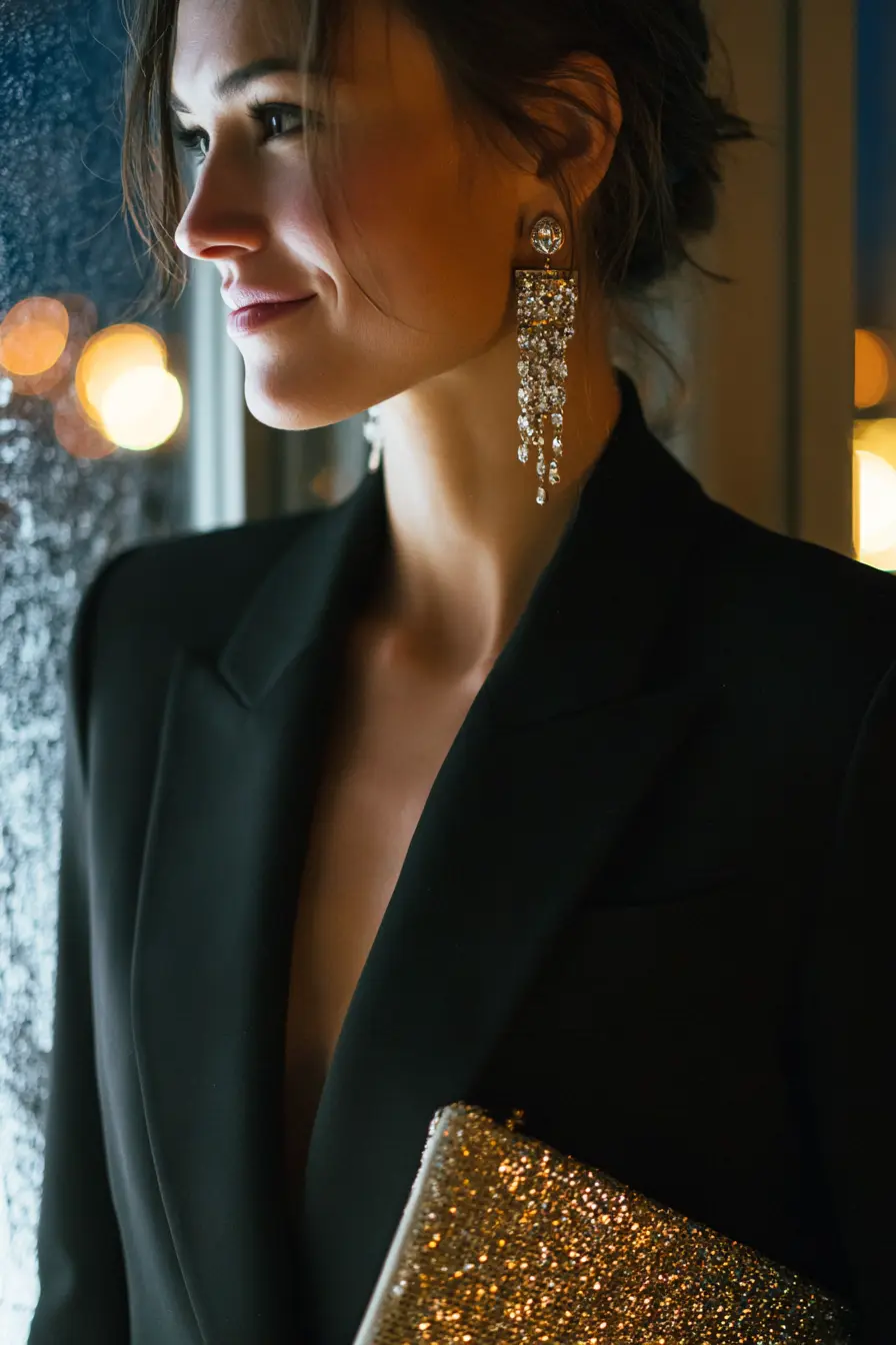 budget friendly NYE outfit black blazer with gold sequin clutch and statement earrings