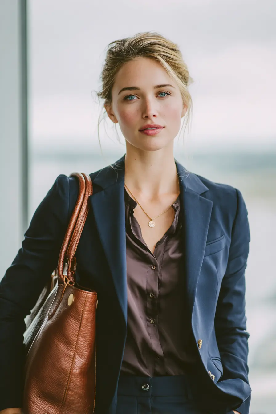 woman in fitted navy blazer silk blouse and slim trousers for client meeting look