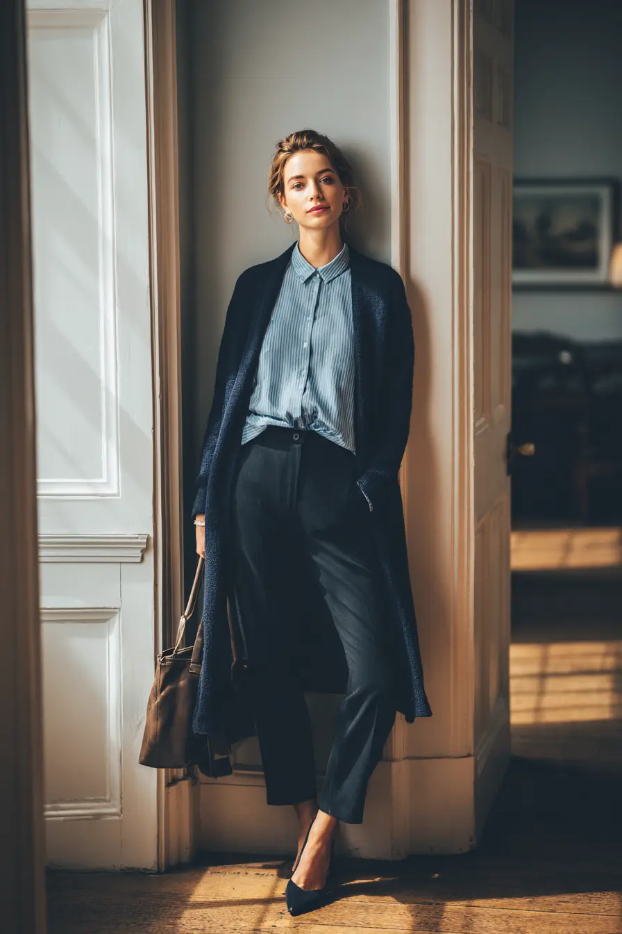 business casual education women with cardigan ponte pants and ballet flats