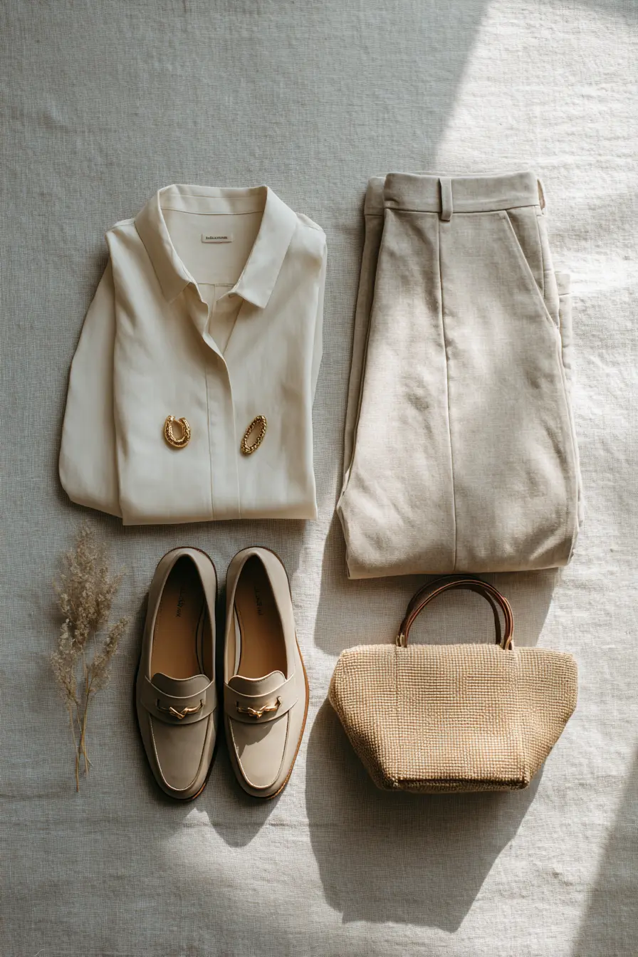 business casual female wardrobe with silk blouse and tailored trousers flat lay