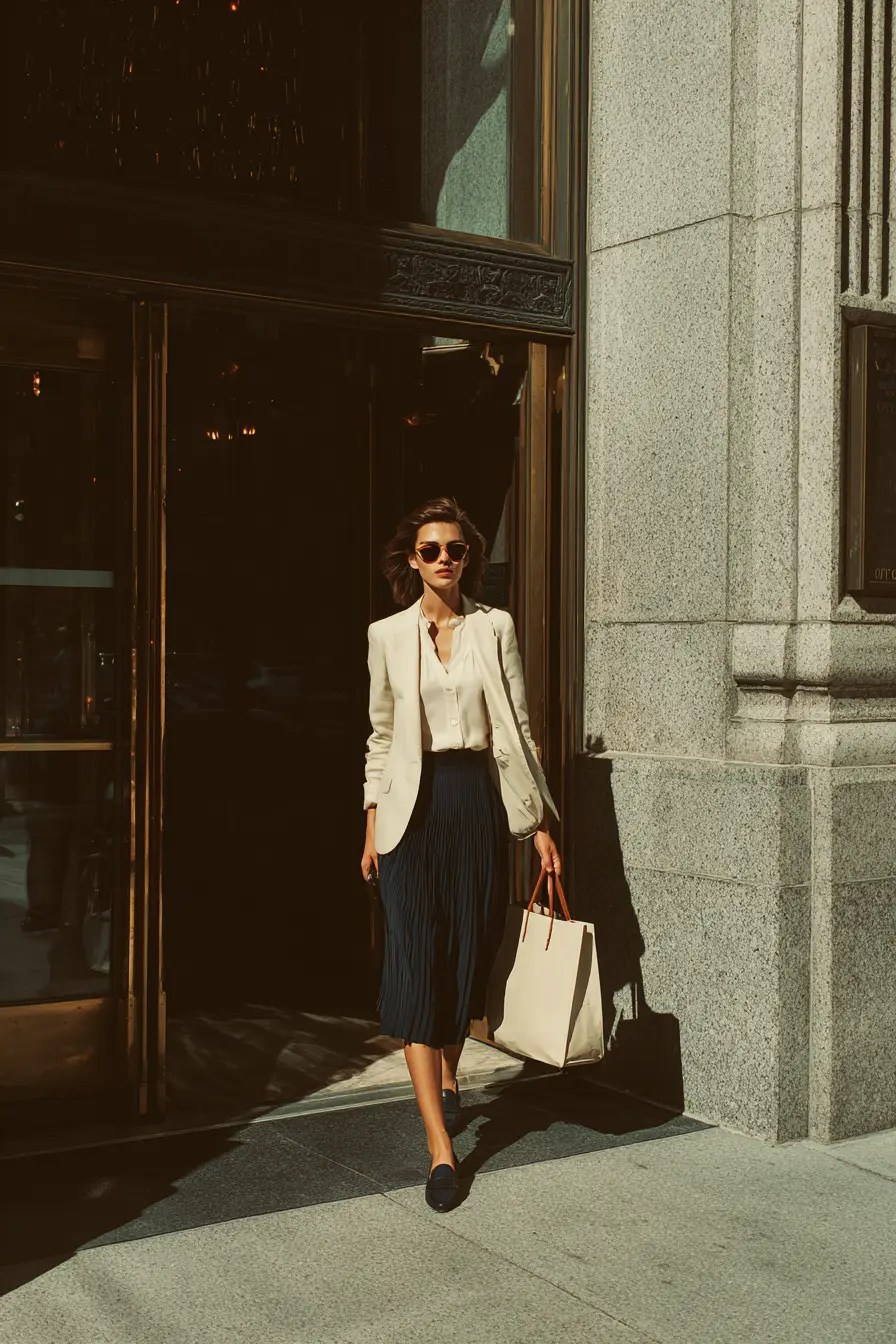 business casual woman in tailored blazer and midi skirt stepping out of office building
