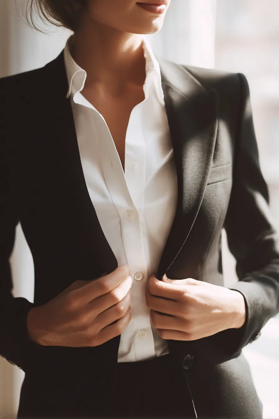 woman adjusting blazer collar business casual office styling detail shot