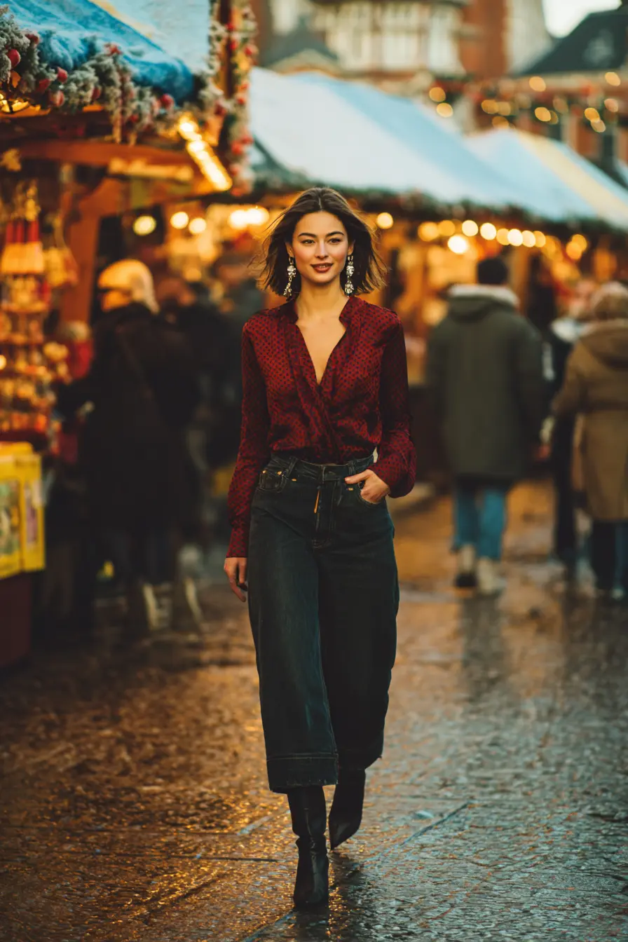 casual christmas party outfit dark jeans silk blouse heeled boots festive earrings winter