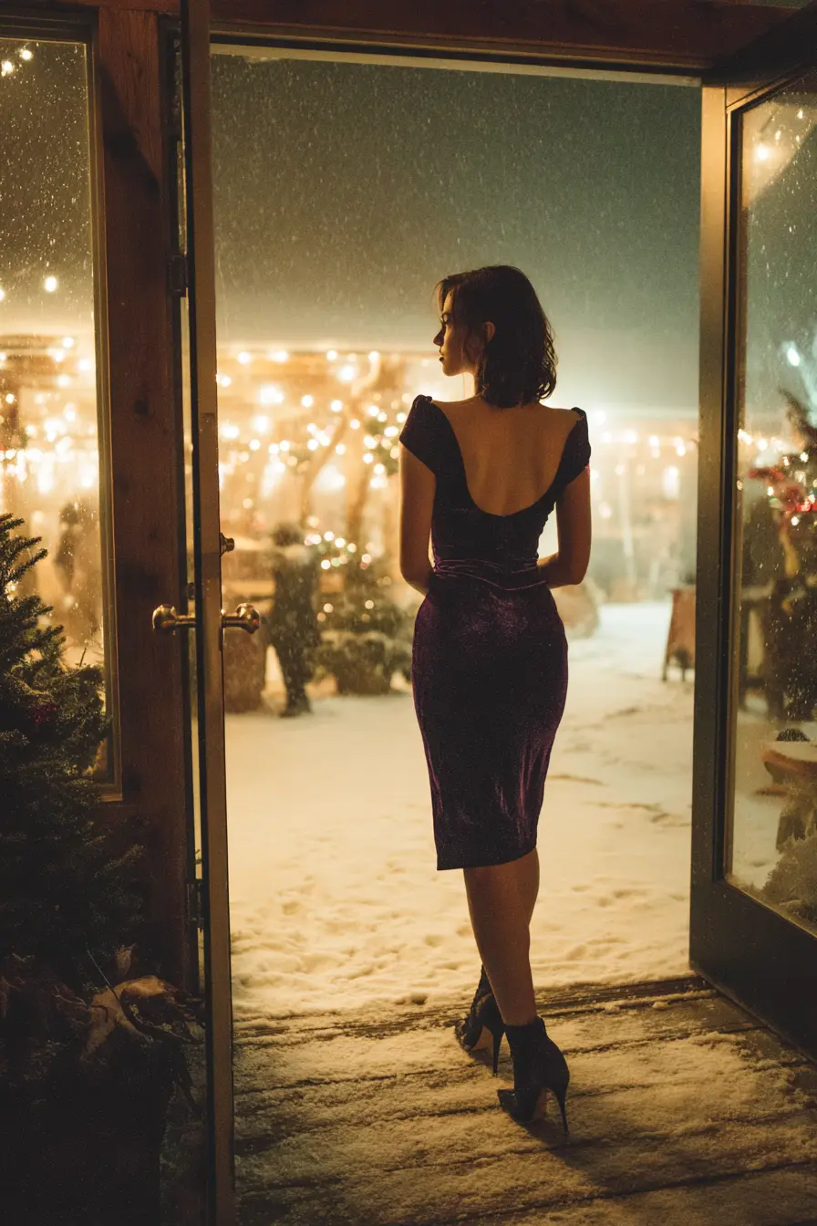 woman in elegant holiday party outfit arriving at festive winter party entrance snow evening