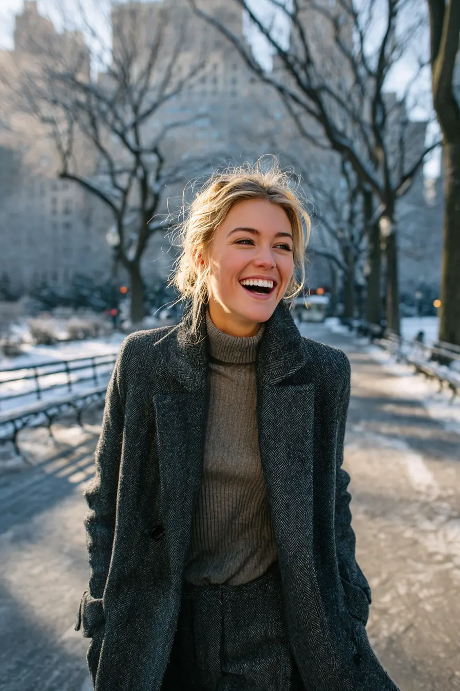 cold weather outfits women structured long coat over turtleneck and tailored trousers in winter park