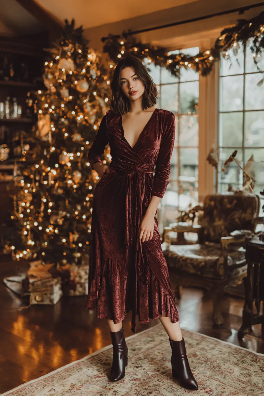 confident woman in burgundy velvet wrap dress holiday party winter indoor warm light