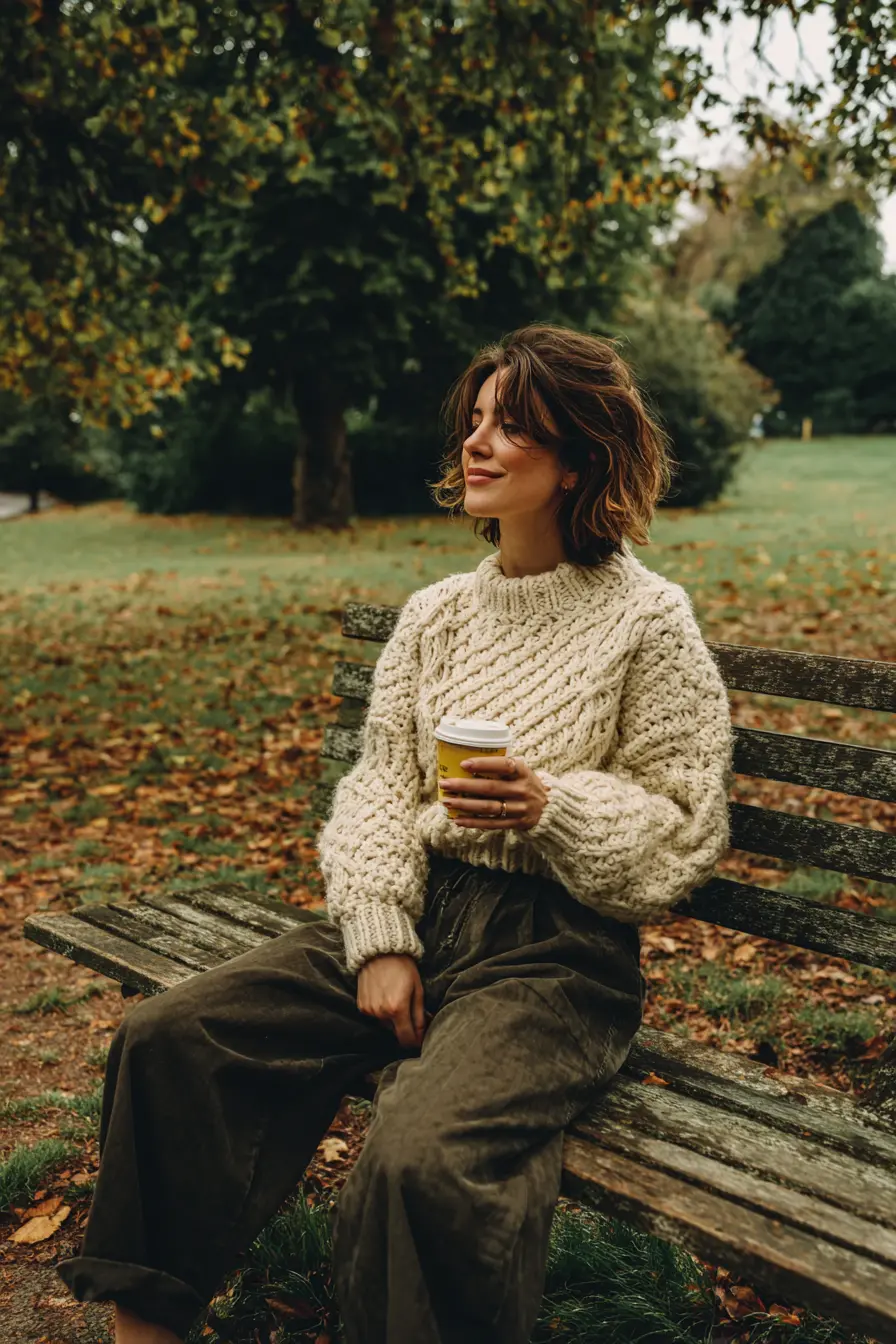cozy casual fall look chunky knit sweater with wide-leg pants outdoors