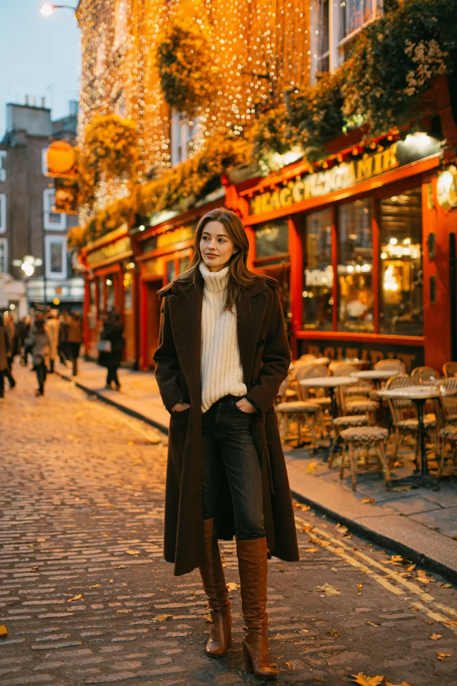 cozy fall outfit final look woman in wool coat autumn evening street
