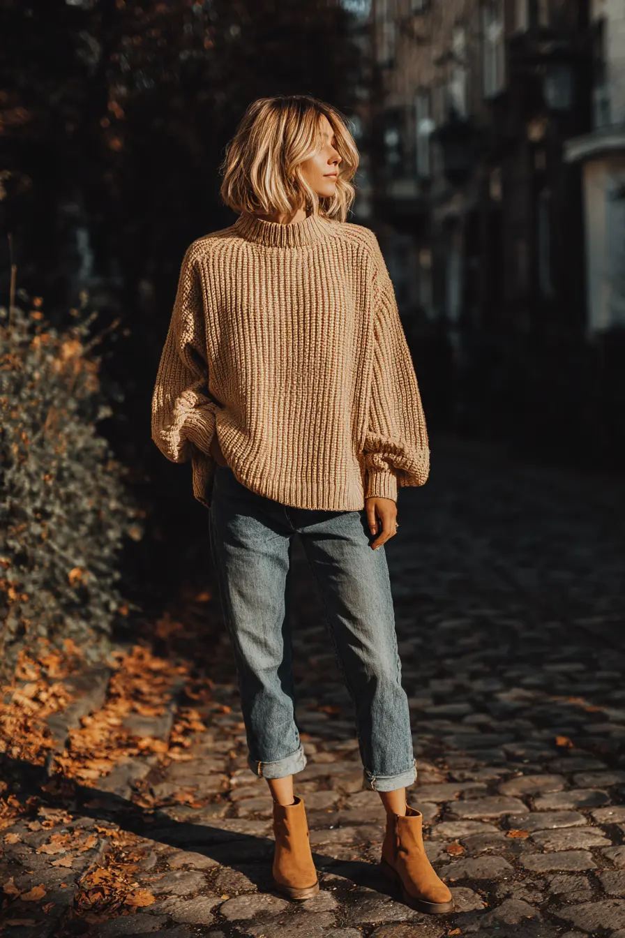 cozy fall outfit with camel sweater straight jeans and ankle boots