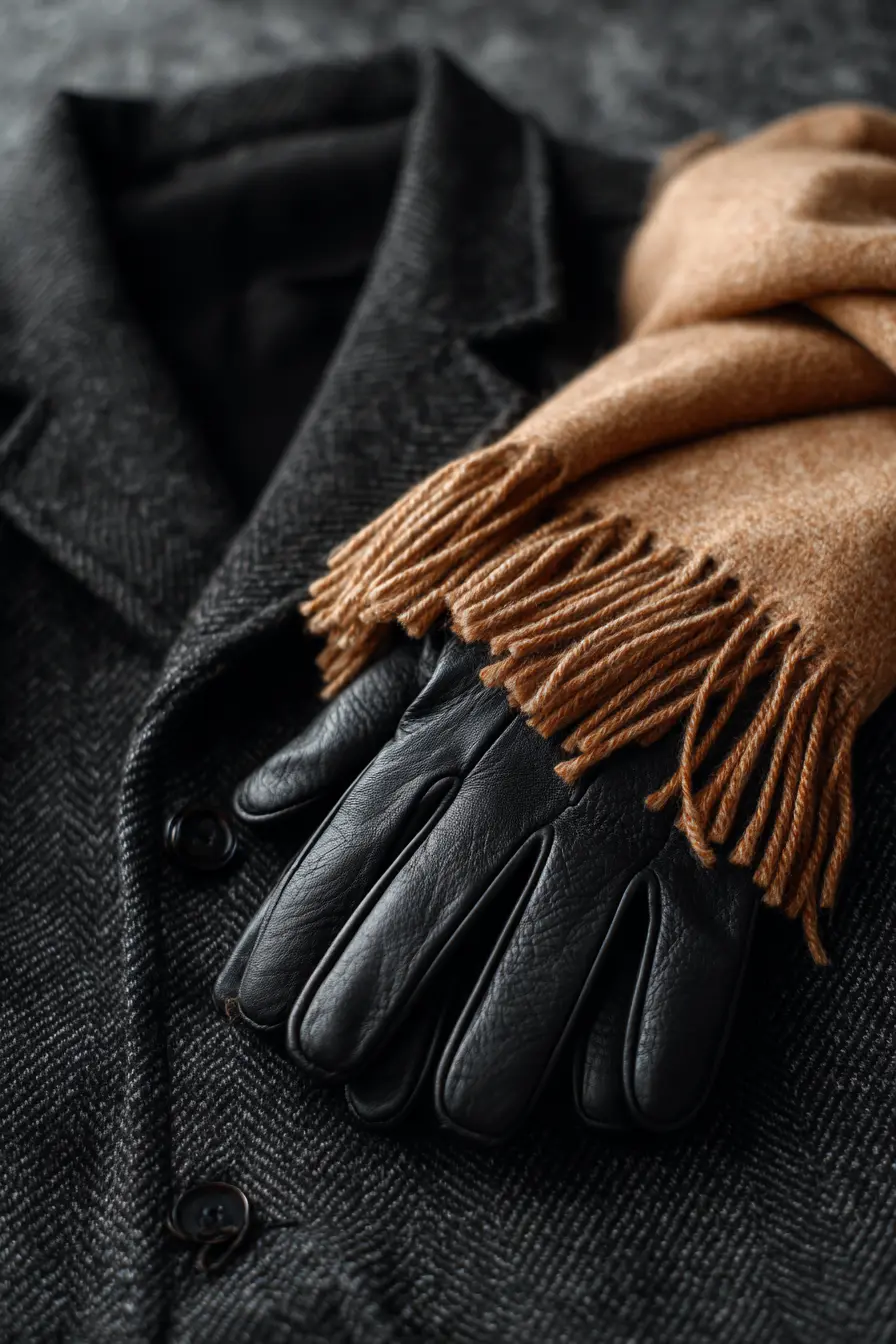 cozy winter outfits flat lay with dark wool coat cashmere scarf and leather gloves on grey surface