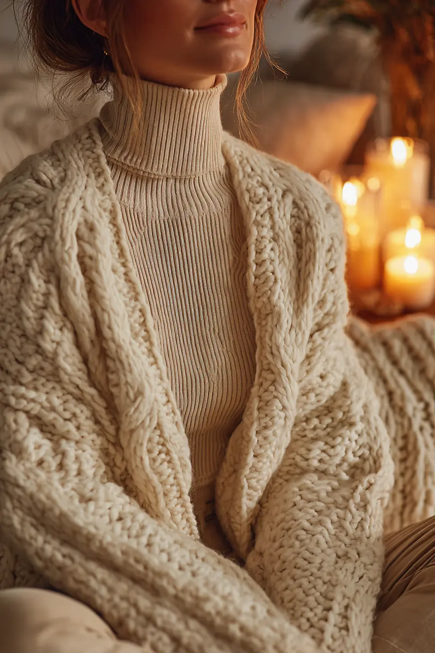 cozy winter outfits women in chunky knit sweater and ribbed cardigan layered together indoors