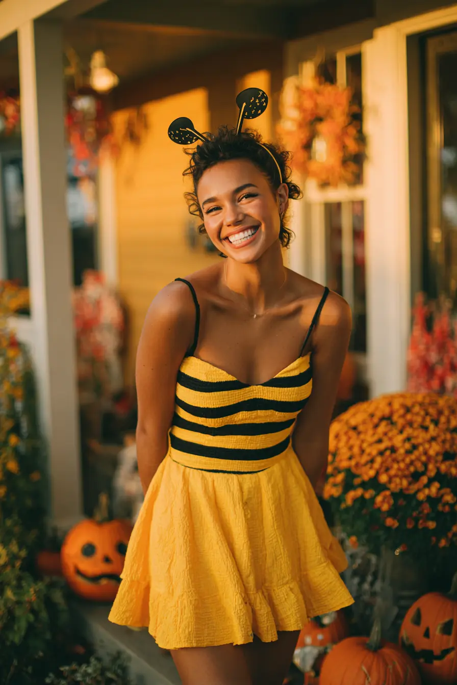 woman in cute playful halloween costume smiling at fall party with pumpkins in background