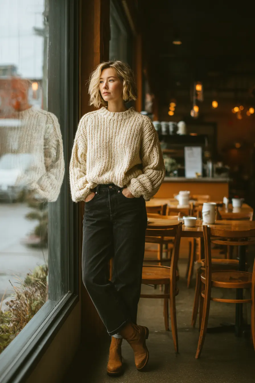 cute winter outfit chunky cream knit sweater tucked into dark straight-leg jeans with ankle boots