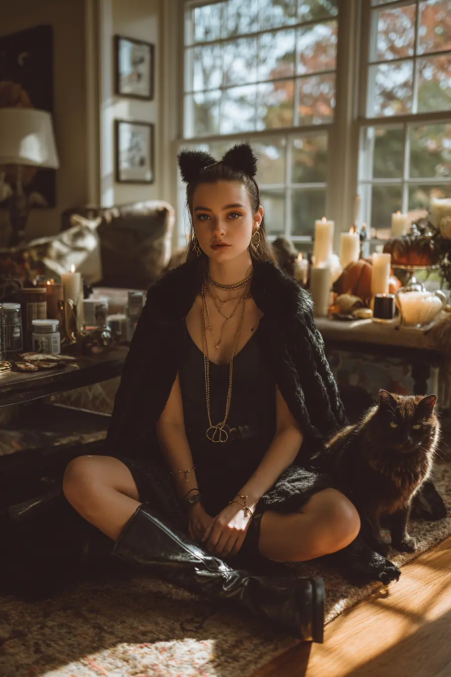 woman assembling DIY halloween costume at home laying out black wardrobe pieces