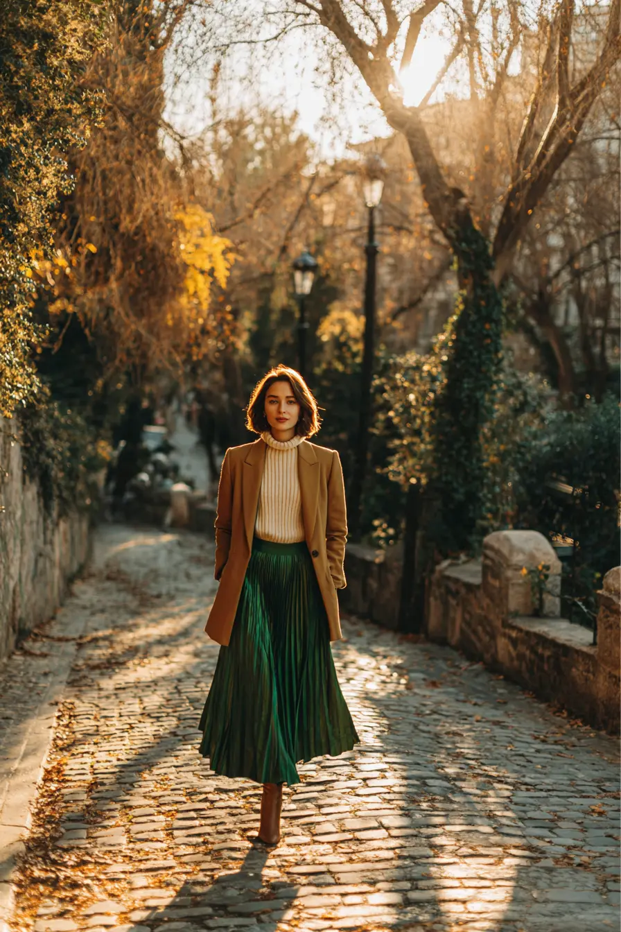 fall business casual women with camel blazer turtleneck and midi skirt and ankle boots