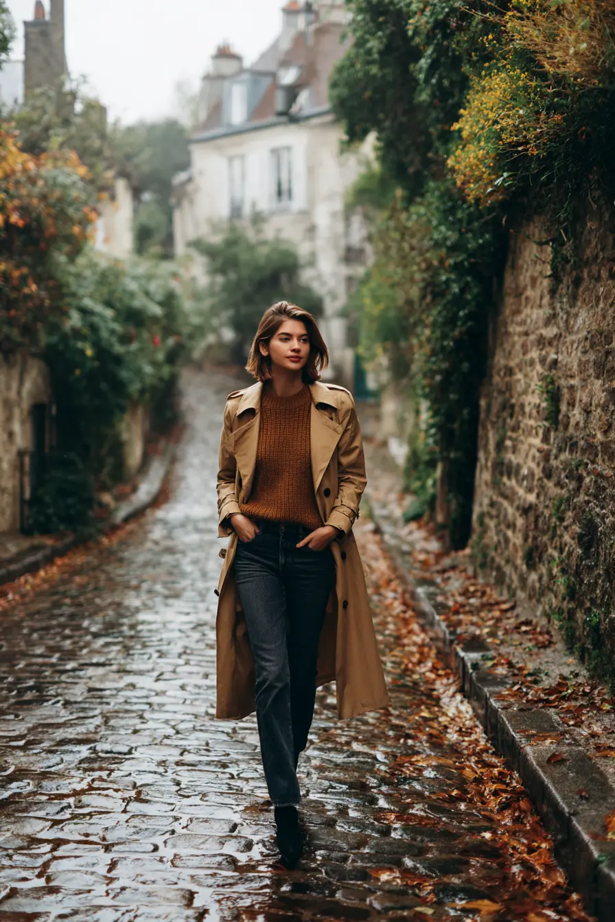 fall layering outfit trench coat over ribbed sweater and straight jeans