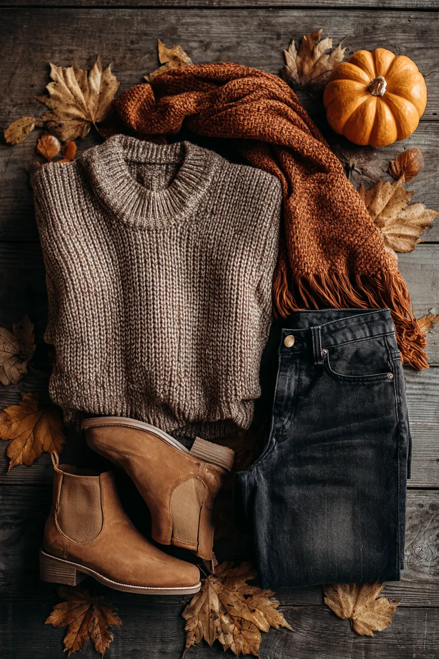 fall outfit capsule flatlay with camel knit scarf boots and jeans