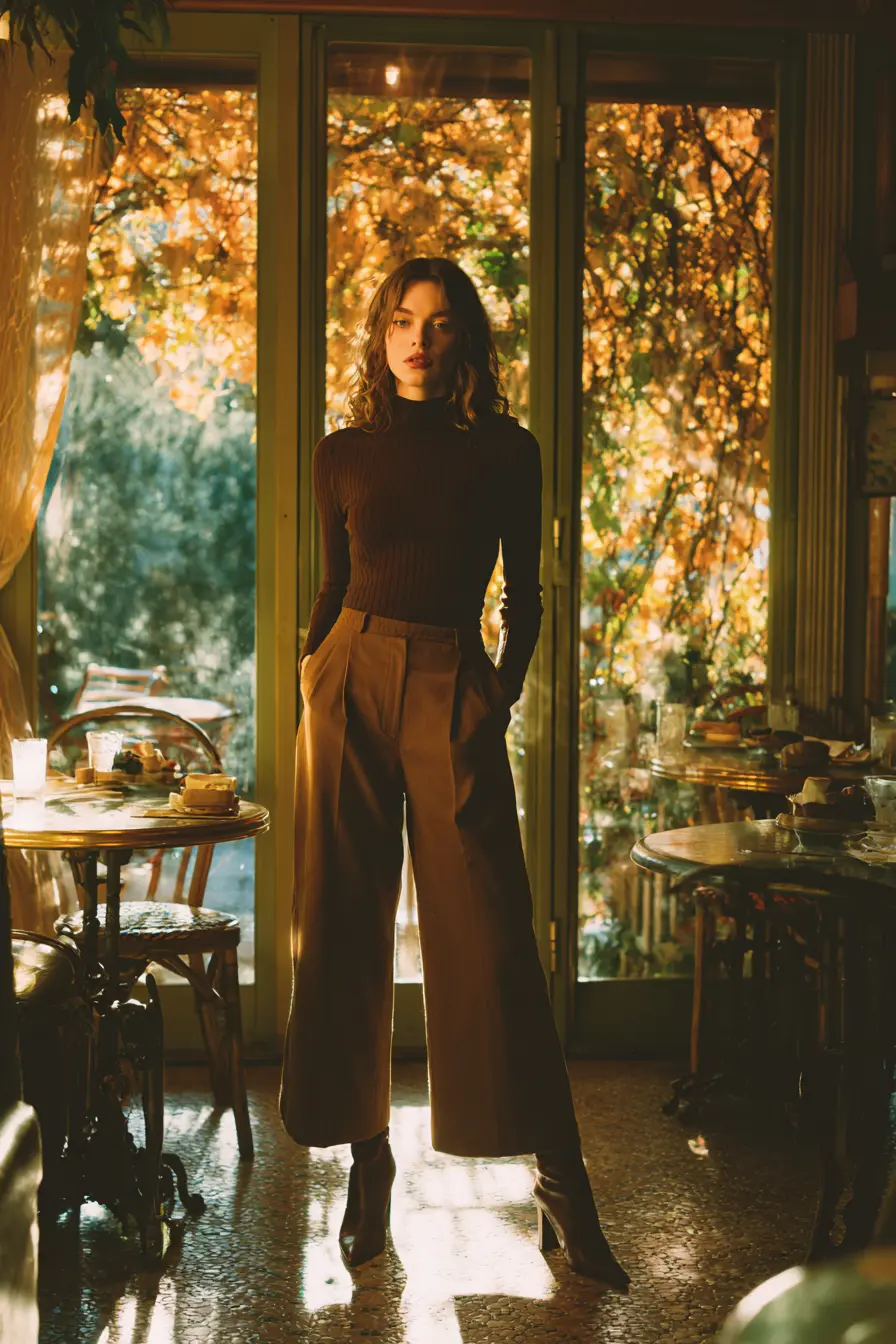 fall outfit proportion example wide-leg trousers with fitted ribbed knit