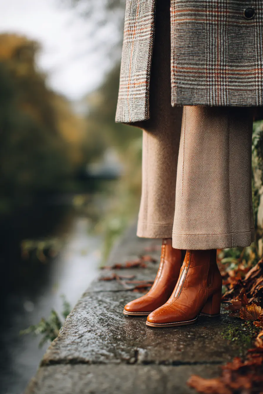 fall outfit styling detail close-up coat texture and boots pairing