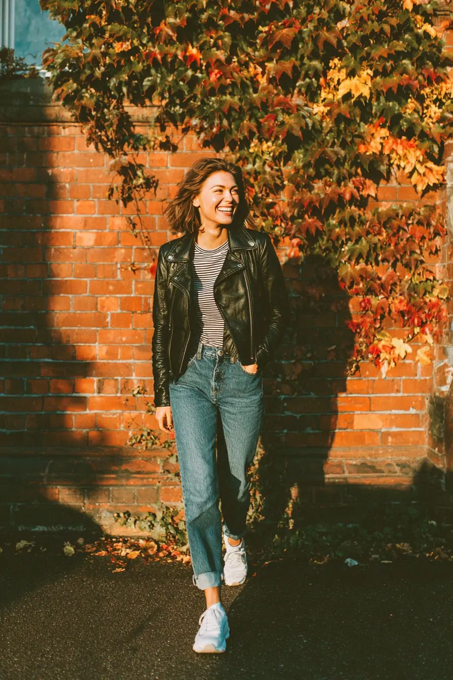 fall street style outfit leather jacket straight jeans and white sneakers