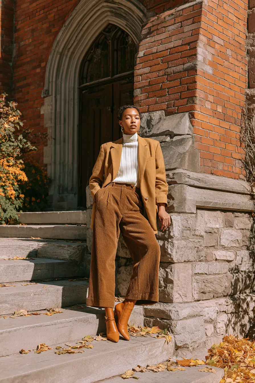 polished fall workwear outfit blazer wide-leg trousers and pointed boots