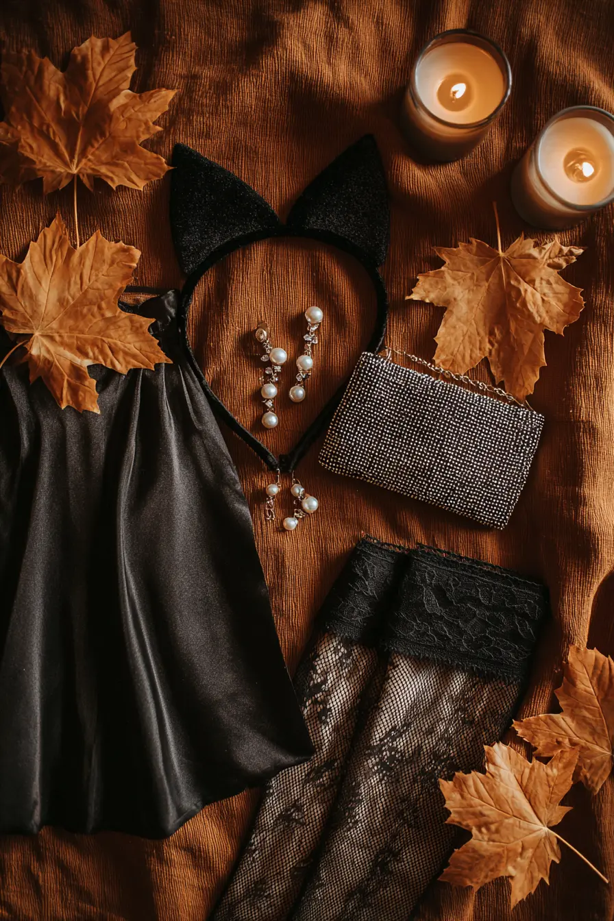 woman laying out halloween costume pieces on autumn-toned flat surface