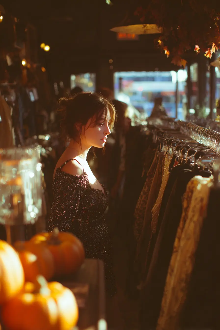 woman browsing costume pieces at a thrift store in autumn with orange and black decorations