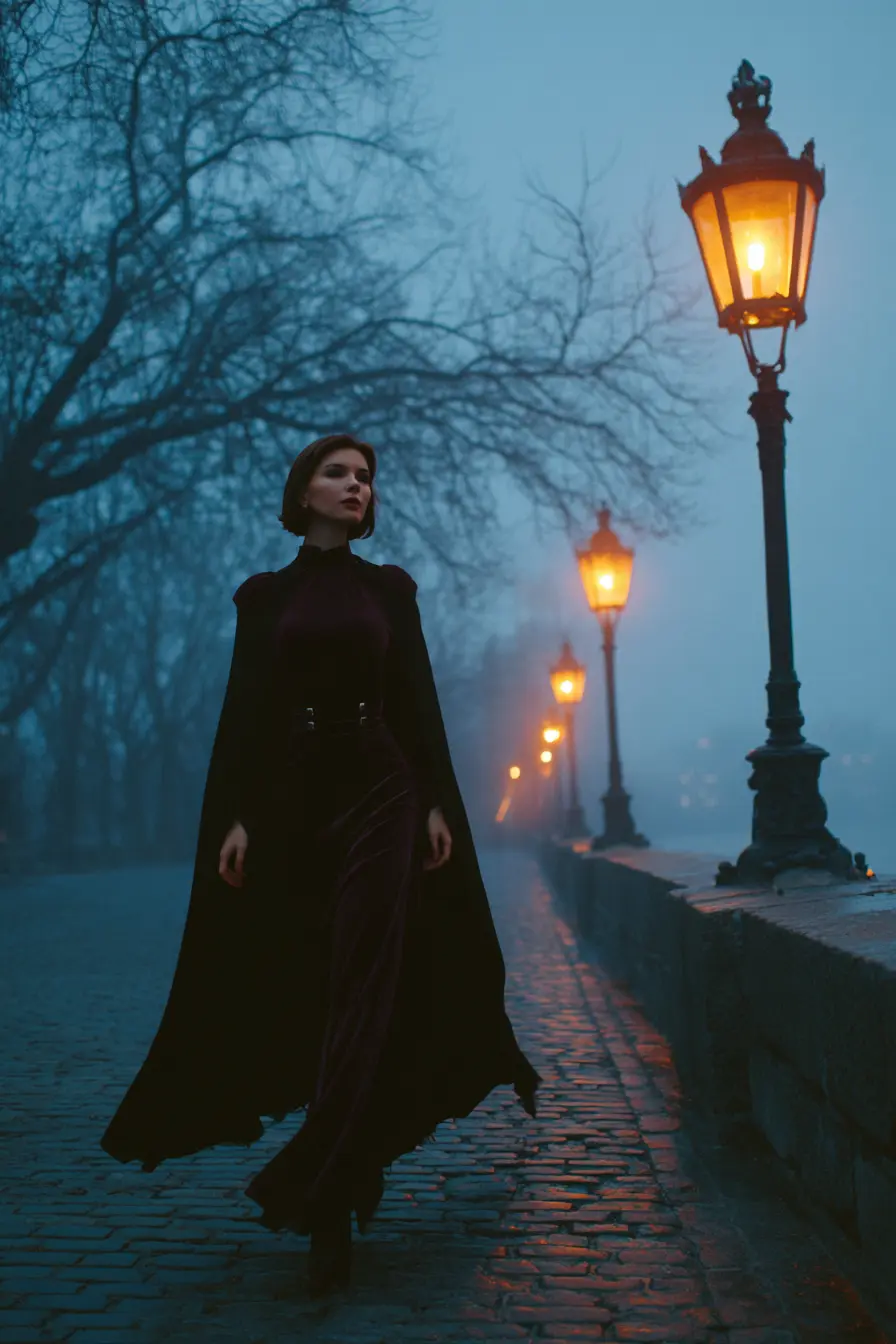 woman in halloween costume walking confidently on a lit autumn street at night