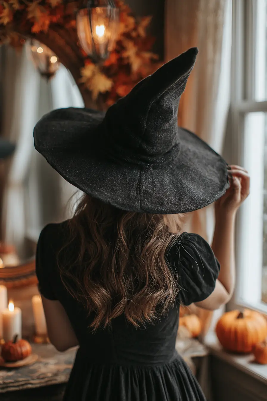 woman trying on a halloween witch hat and black outfit indoors autumn evening