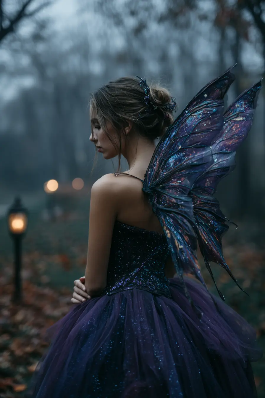 woman in midnight fairy halloween costume dark tulle skirt and iridescent wings evening