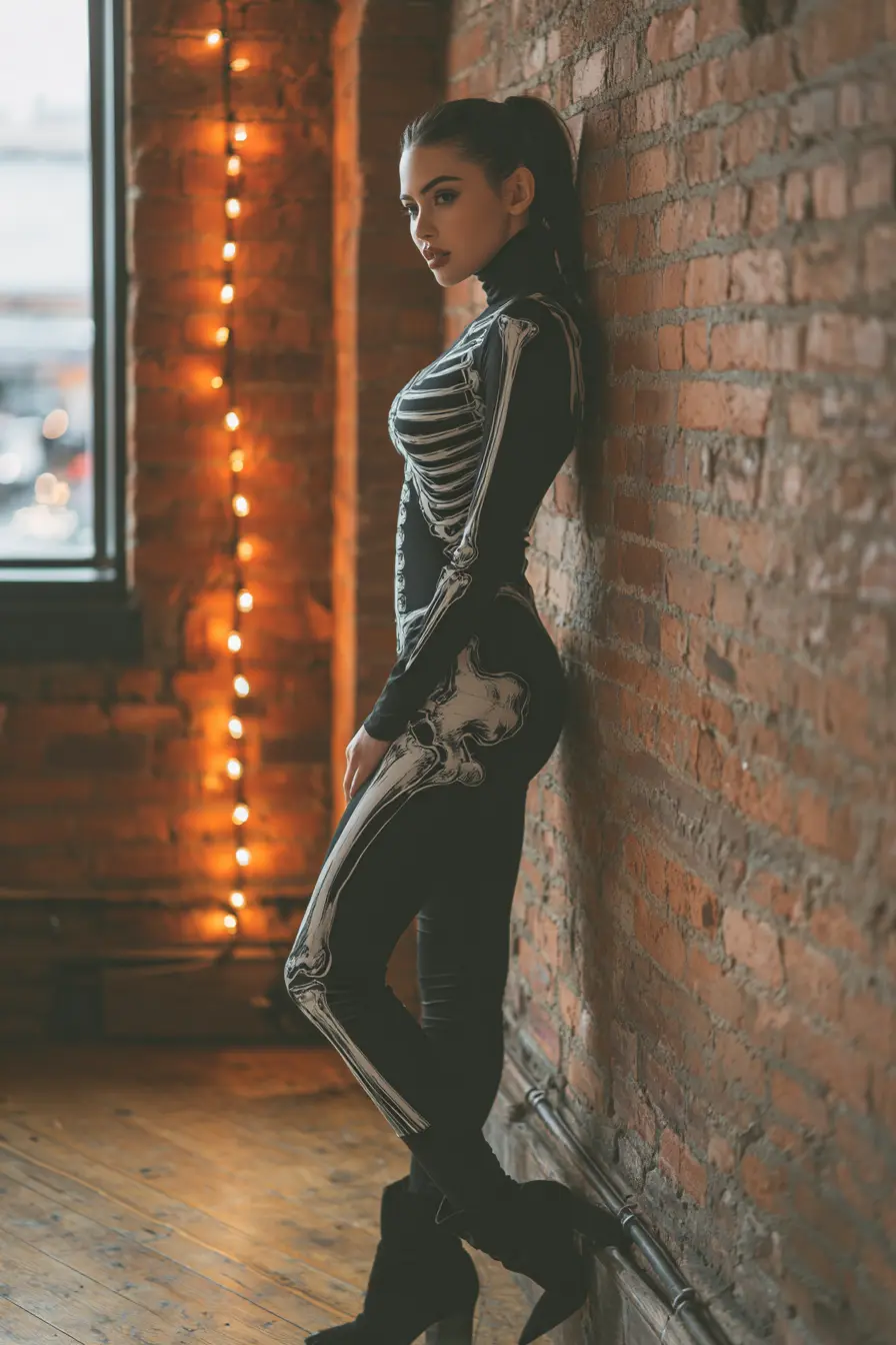 woman in chic skeleton halloween costume all black outfit with bone print details