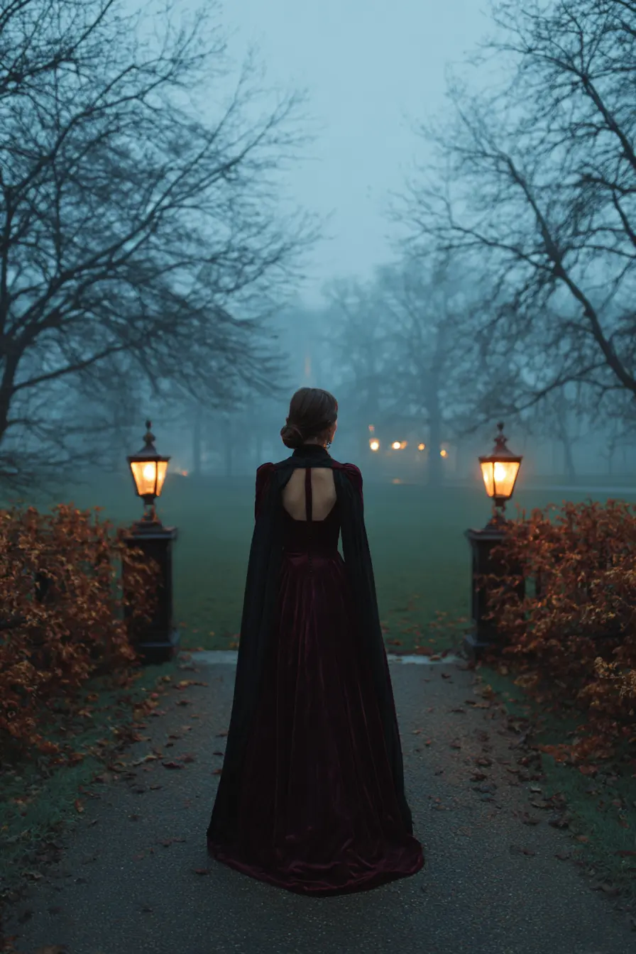 woman in elegant vampire halloween costume burgundy velvet dress and black cape