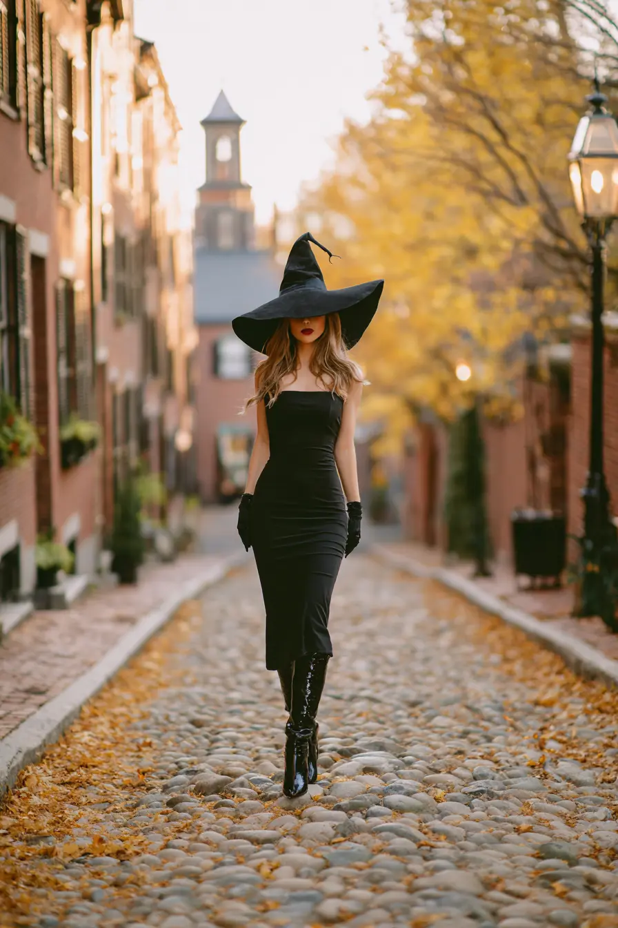 woman in classic witch halloween costume black dress tall boots autumn street