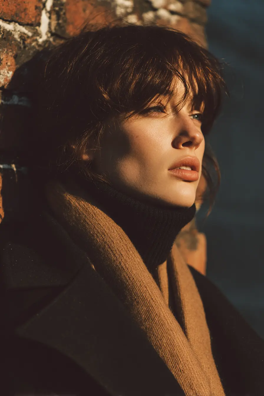 layering winter outfits women with fitted turtleneck under structured overcoat and scarf outdoors