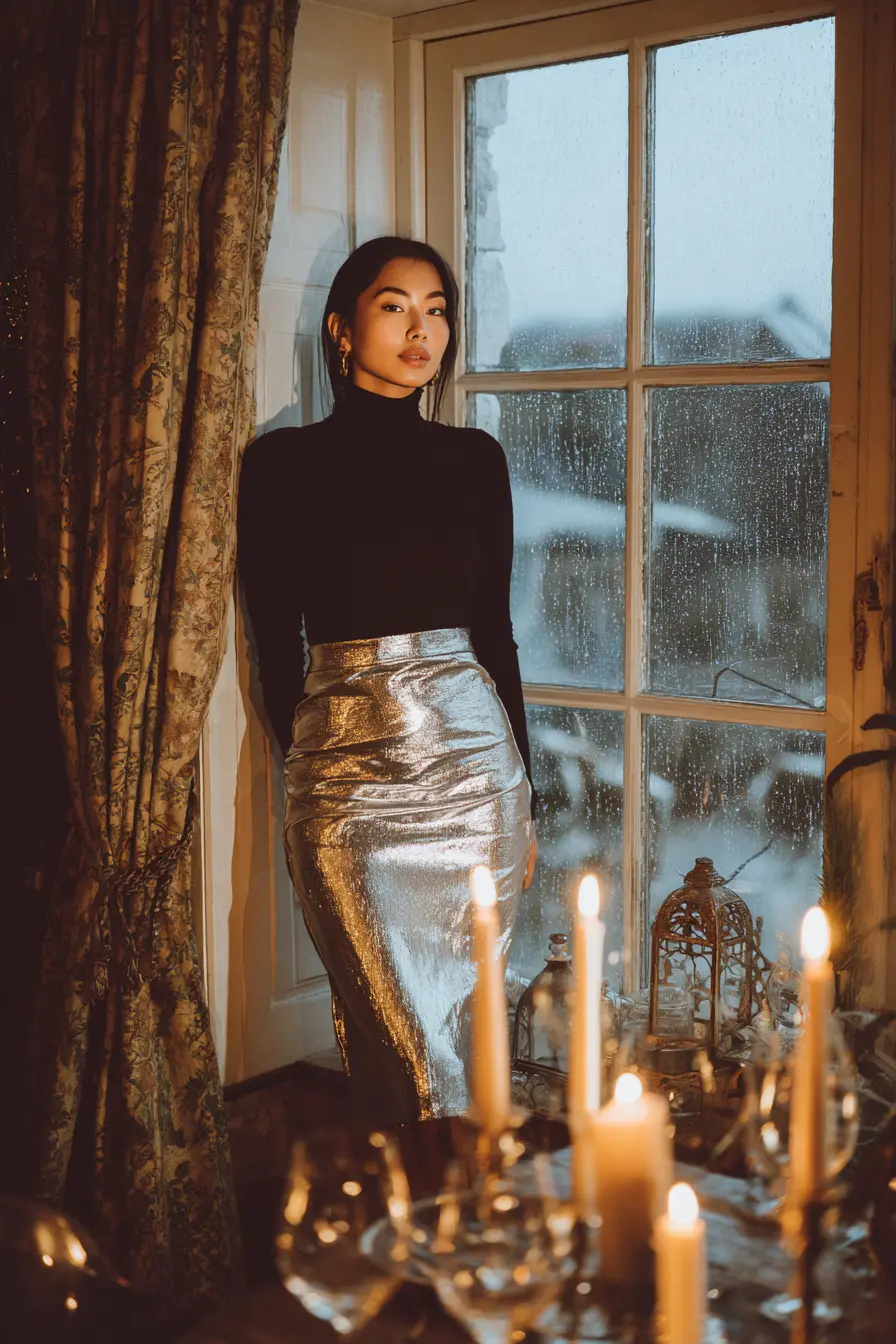 metallic NYE outfit silver midi skirt with fitted black turtleneck and heeled boots
