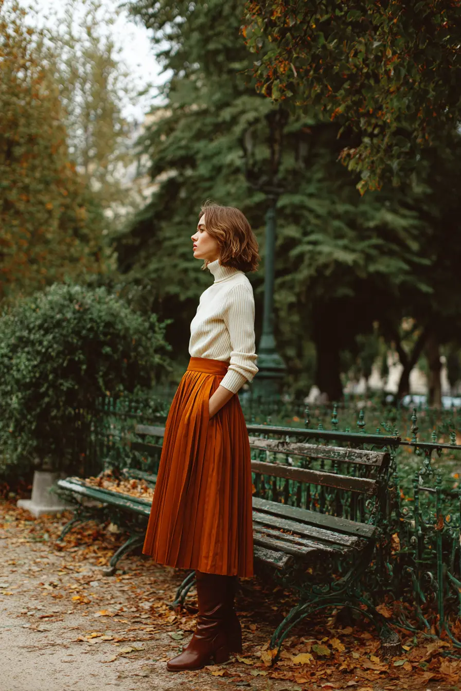 midi skirt with boots fall outfit styled with fitted turtleneck