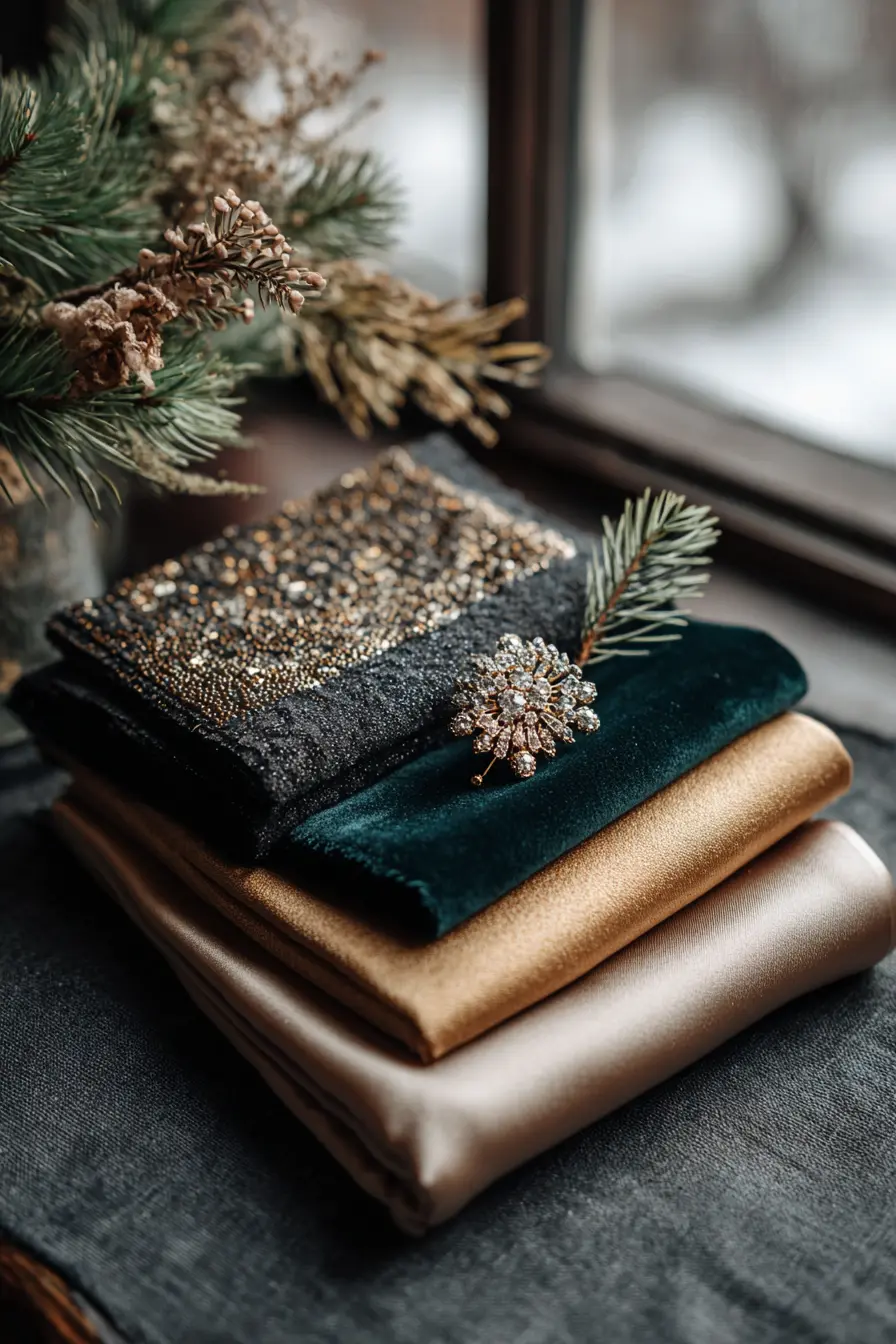 flat lay of new year’s eve dress options velvet sequin and satin fabrics winter