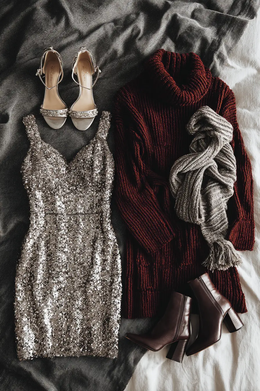two new year’s eve outfit options glam sequin and cozy sweater dress styled for winter