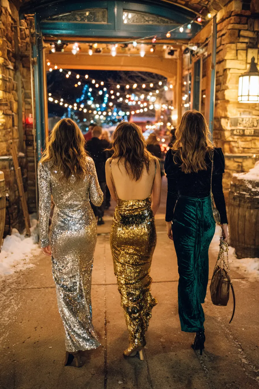 group of women in festive new year’s eve party outfits celebrating together indoors
