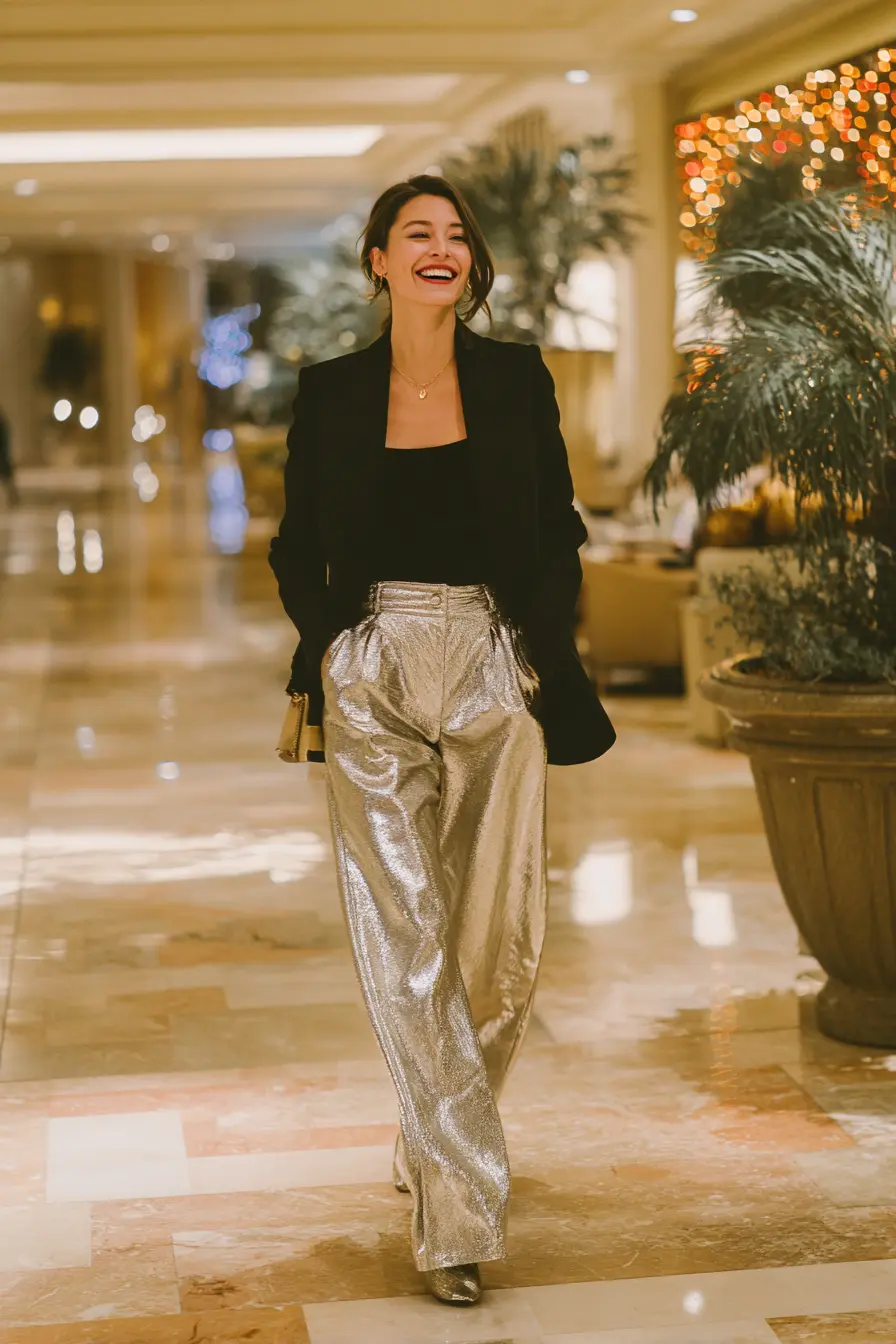 new year’s eve outfit ideas woman wearing metallic trousers and blazer