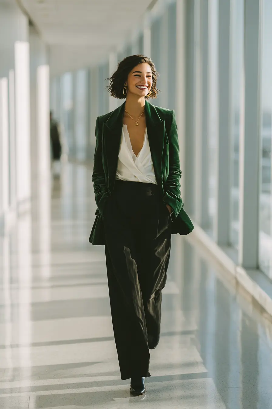 office christmas party outfit deep green velvet blazer wide-leg trousers heeled loafers winter