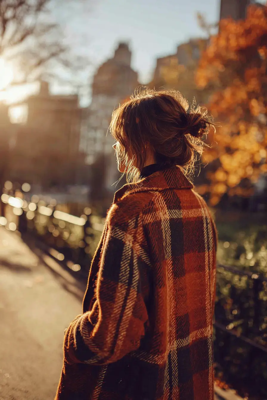 statement plaid coat fall outfit over all-black base with boots