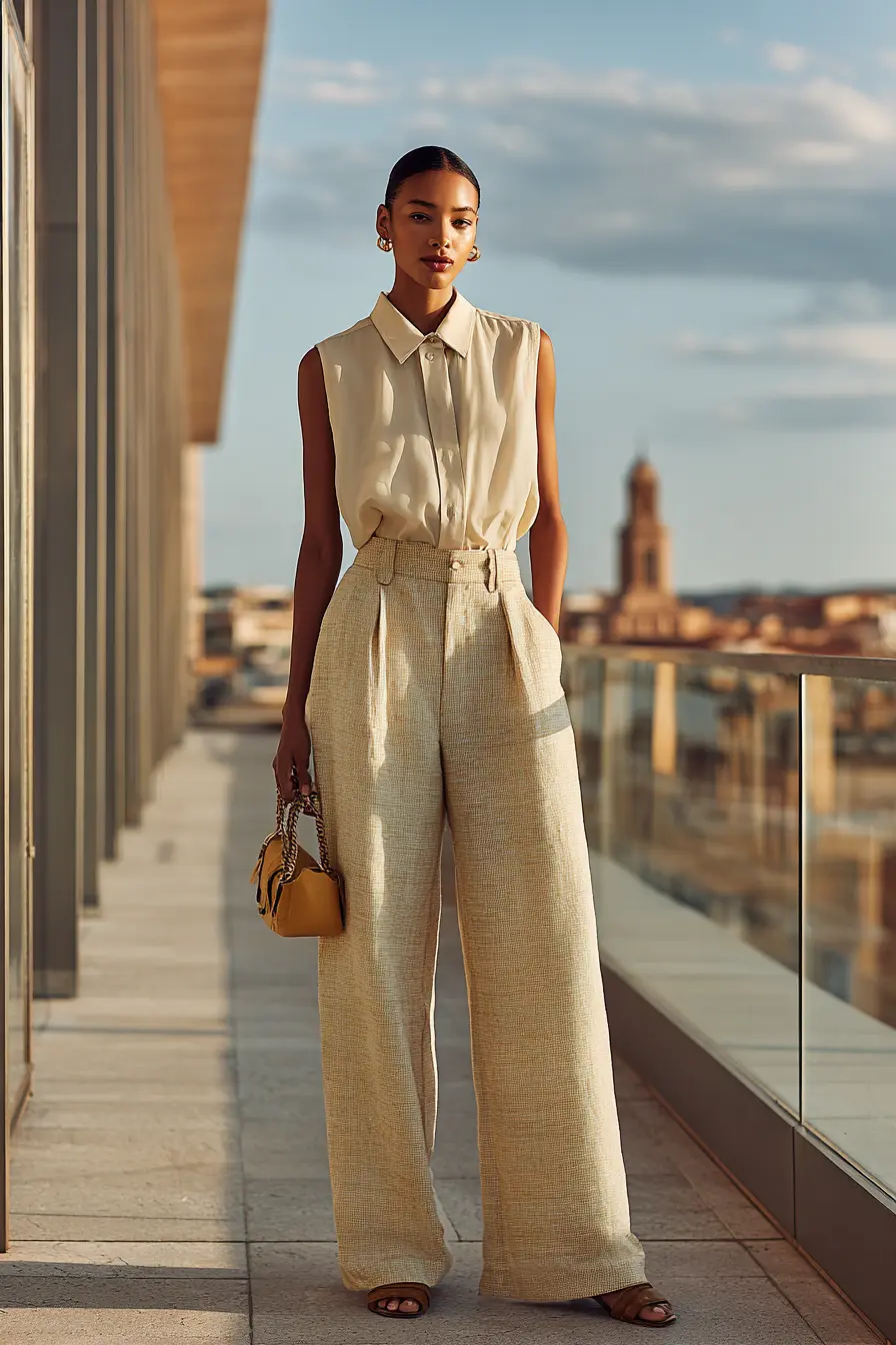 summer business casual women wearing linen wide-leg trousers and sleeveless blouse