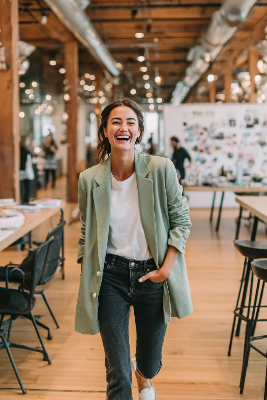 creative office business casual women with dark jeans blazer and minimal sneakers