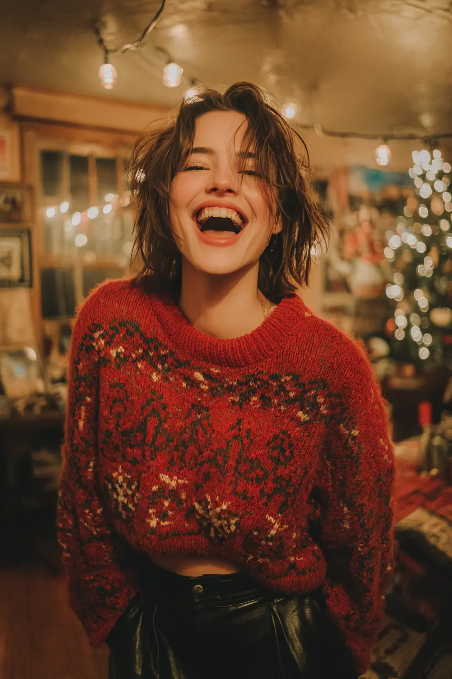 laughing woman in festive christmas knit sweater leather trousers knee-high boots holiday party